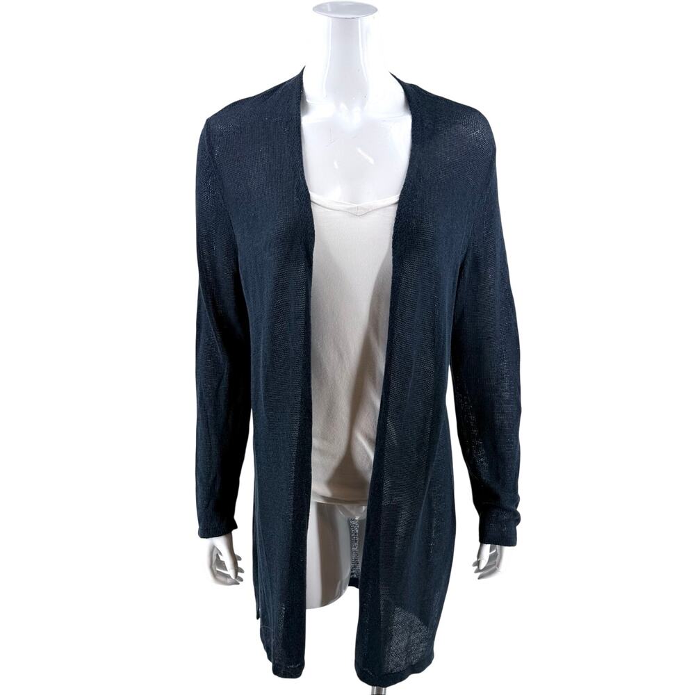 J Jill Womens Cardigan Sweater Duster Size Large Navy Blue Linen Blend Open Knit